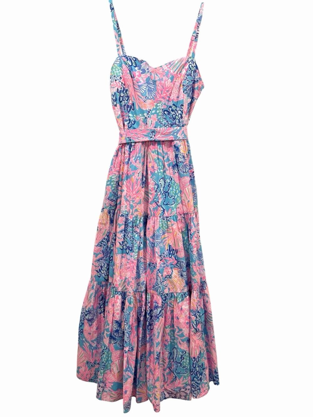 Lilly Pulitzer Edith Midi Dress Sz 2 Splendor in the Sand Colorful Floral Vaca